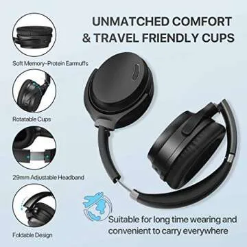 HROEENOI Active Noise Cancelling Headphones, JZ02 Bluetooth Headphones, Wireless Over Ear Headphones with CVC 8.0 Microphone Deep Bass Headset, 40 Hours Playtime for Travel Work TV Phone - Black