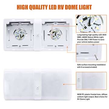 Facon 12V LED RV Interior Light Fixtures with On&Off Switch, 3400K Warm White, 12Volts DC Double Dome Under Cabinet Light, use for RV Motor-Homes Camper Caravan Trailer Boat