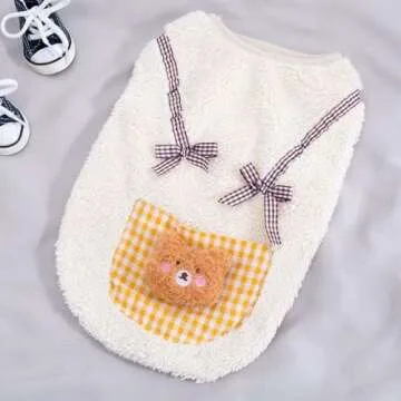 Cute Cat Apparel with Bow and Plaid Pocket Plush Dog Pullover Sweater Warm Soft Kitten Turtleneck for Indoor Cats and Small Medium Dogs (Yellow, S (0-3.3lbs))