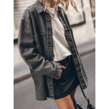 PLNOTME Womens Oversized Jean Jacket Casual Button Up Denim Overshirt Trendy Long Sleeve Denim Jacke...
