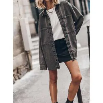 PLNOTME Womens Oversized Jean Jacket Casual Button Up Denim Overshirt Trendy Long Sleeve Denim Jacket Coat