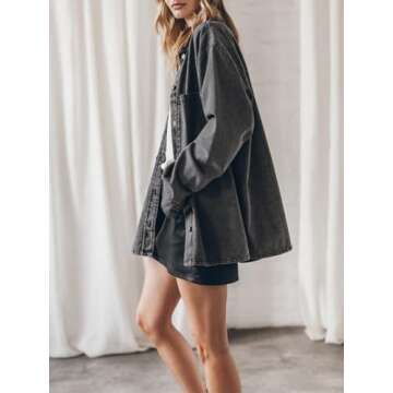 PLNOTME Womens Oversized Jean Jacket Casual Button Up Denim Overshirt Trendy Long Sleeve Denim Jacket Coat
