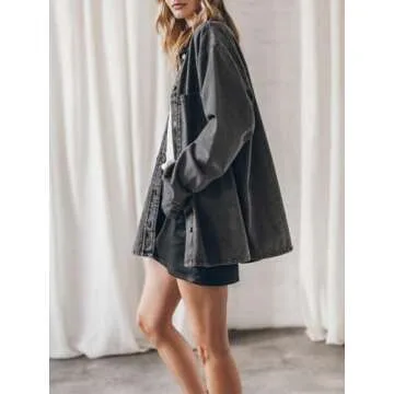 PLNOTME Womens Oversized Jean Jacket Casual Button Up Denim Overshirt Trendy Long Sleeve Denim Jacket Coat