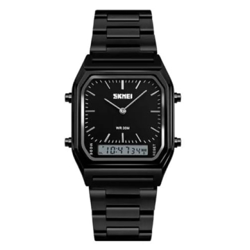 Gosasa Women Men Square Multifunction Stopwatch Dual Display Wristwatches Stainless Steel Strap Anal...