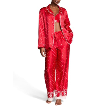 Victoria's Secret Satin Pajama Set for Women - Long Sleeve Button Down & Pant Set, Lipstick Polka Do...