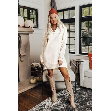HOTOUCH Long Sleeve Knit Quarter Zip Sweater Dress for Women