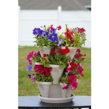 3 Tier Stackable Herb Garden Planter Set with Bottom Saucer - Stone Color - Vertical Container Pots for Herbs, Strawberries, Flowers