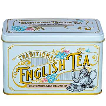 New English Teas Vintage Victorian Tea Tin with 40 Decaffeinated English Breakfast Teabags (Powder B...
