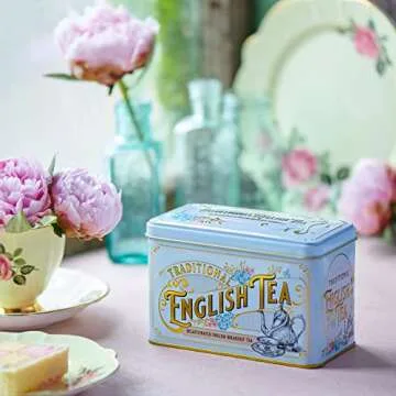 New English Teas Vintage Victorian Tea Tin with 40 Decaffeinated English Breakfast Teabags (Powder Blue)