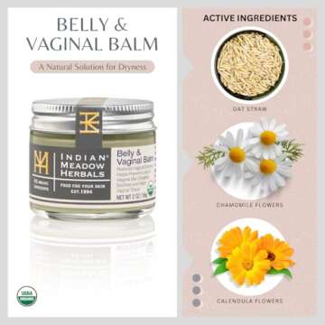 Indian Meadow Herbals Belly & Intimate Skin Balm (2 oz.) - USDA Certified. Hormone-Free. Dryness Relief for Women - Lubricating Balm. Helps Maintain Skin Elasticity & Reduce Stretch Marks.