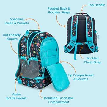 Bentgo Kids Prints 2-in-1 Backpack & Insulated Lunch Bag - Durable, Lightweight, Colorful Prints for Girls & Boys, Water-Resistant Fabric, Padded Straps & Back, Large Compartments (Dinosaur)