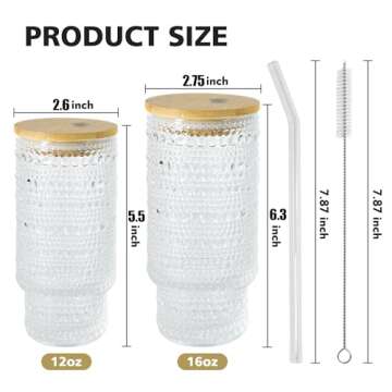 Icesip 4 Pcs 16 oz Glasses Cups Set with Bamboo Lids Straws Brush Hobnail Glassware Set for Juice Iced Coffee Beer and Cocktail Whiskey