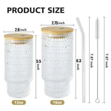 Icesip 4 Pcs 16 oz Glasses Cups Set with Bamboo Lids Straws Brush Hobnail Glassware Set for Juice Iced Coffee Beer and Cocktail Whiskey