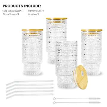 Icesip 4 Pcs 16 oz Glasses Cups Set with Bamboo Lids Straws Brush Hobnail Glassware Set for Juice Iced Coffee Beer and Cocktail Whiskey