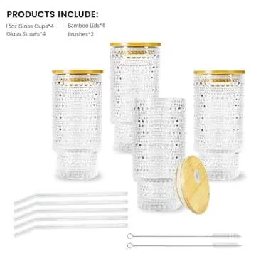 Icesip 4 Pcs 16 oz Glasses Cups Set with Bamboo Lids Straws Brush Hobnail Glassware Set for Juice Iced Coffee Beer and Cocktail Whiskey
