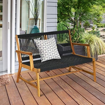 Tangkula Outdoor Acacia Wood Bench Loveseat for Patio