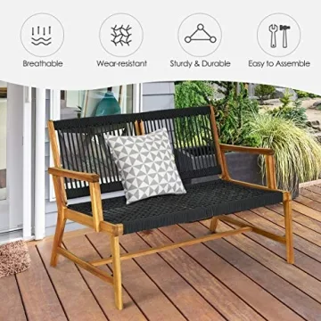 Tangkula Outdoor Acacia Wood Bench Loveseat for Patio