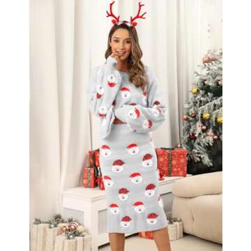 Women's 2 Piece Cute Ugly Christmas Sweaters Slit Skirt Set Fluffy Santa Pattern Xmas Holiday Pullov...