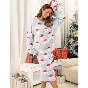 Women's 2 Piece Cute Ugly Christmas Sweaters Slit Skirt Set Fluffy Santa Pattern Xmas Holiday Pullover Knitted Dress Set Light Grey