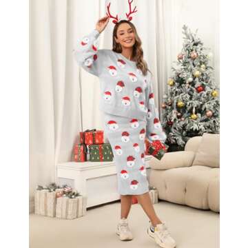 Women's 2 Piece Cute Ugly Christmas Sweaters Slit Skirt Set Fluffy Santa Pattern Xmas Holiday Pullover Knitted Dress Set Light Grey