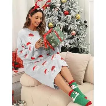Women's 2 Piece Cute Ugly Christmas Sweaters Slit Skirt Set Fluffy Santa Pattern Xmas Holiday Pullover Knitted Dress Set Light Grey