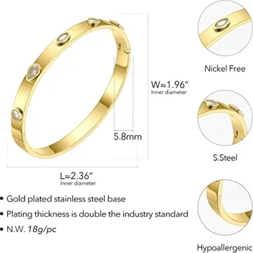 EF ENFASHION Trendy Oval shape Bangle Bracelet 14K Gold Plated Zirconia Stone Bangles Bracelets for Women Girls 58mm inner-dia.