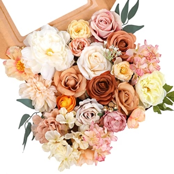 AmyHomie Champagne Artificial Flowers Combo Silk Mix Peony Rose Hydrangea Fake Flowers w/Stem for DI...