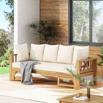 Christopher Knight Home Varney Outdoor Extendable Acacia Wood 3 Seater Sofa, Upholstered Cushion Cou...