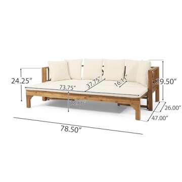 Christopher Knight Home Varney Outdoor Extendable Acacia Wood 3 Seater Sofa, Upholstered Cushion Couch, Daybed Sofa Chair, Spacious Seating Lounge Chair, Patio Daybed Sofa for Garden Yard, Teak+Beige