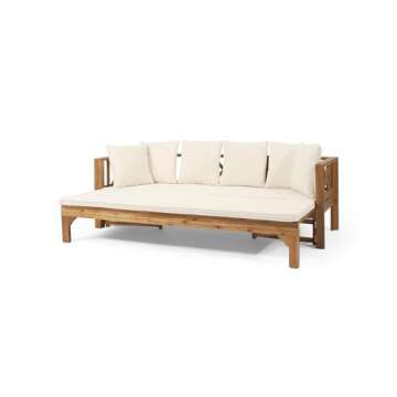 Christopher Knight Home Varney Outdoor Extendable Acacia Wood 3 Seater Sofa, Upholstered Cushion Couch, Daybed Sofa Chair, Spacious Seating Lounge Chair, Patio Daybed Sofa for Garden Yard, Teak+Beige