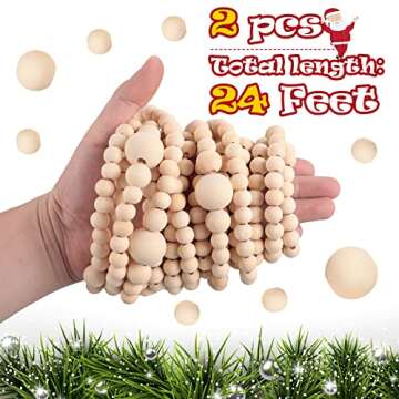 2 Pcs 24 Feet Christmas Wooden Bead Garland Xmas Farmhouse Beads Christmas Tree Farmhouse Decor Rustic Boho Garland Vintage Boho Decorations for Christmas Decoration Supply (Wood)