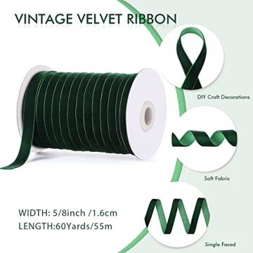 Chuangdi 5/8 Inch, 60 Yard Christmas Velvet Ribbon Vintage Green Ribbons for Gift Wrapping Christmas Tree Ornaments Xmas Party Decoration Wreath Crafts Bow Making