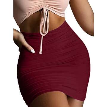 eoeoo Women's Stretch High Waist Ruched Bodycon Double Layer Casual Mini Skirt Wine Red Medium
