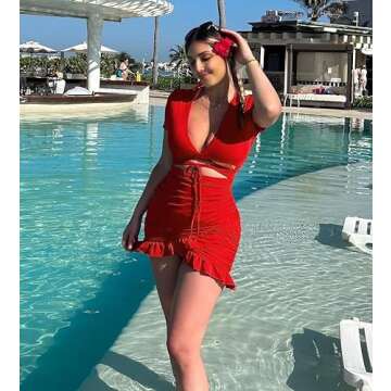 HOTOUCH Womens Summer Bodycon Ruffle Trim Ruched Short Sleeve Party Midi Dress A-Red, Large