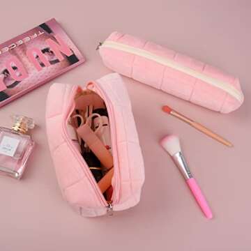 SOIDRAM Checkered Cosmetic Bag - Plush Pink Makeup Pouch, Large Capacity, Travel Toiletry Bag Organi...