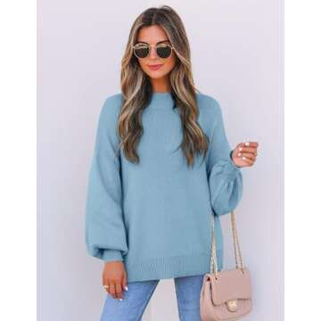 ZESICA Women's Casual Turtleneck Long Lantern Sleeve Oversized Ribbed Knit Pullover Sweater Jumper Top,LightBlue,Medium