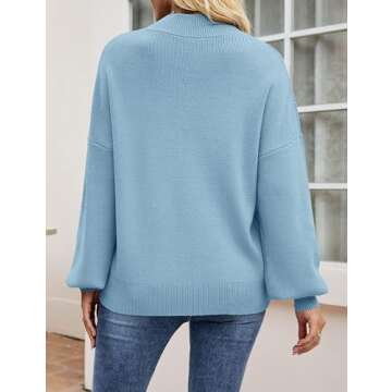 ZESICA Women's Casual Turtleneck Long Lantern Sleeve Oversized Ribbed Knit Pullover Sweater Jumper Top,LightBlue,Medium