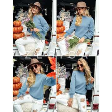 ZESICA Women's Casual Turtleneck Long Lantern Sleeve Oversized Ribbed Knit Pullover Sweater Jumper Top,LightBlue,Medium