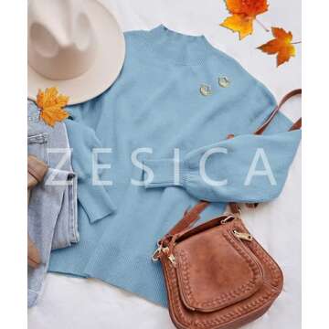ZESICA Women's Casual Turtleneck Long Lantern Sleeve Oversized Ribbed Knit Pullover Sweater Jumper Top,LightBlue,Medium