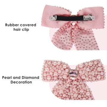 Biiange Pearl Bow Barrette Hair Clip, Pearl Bow Barrette, Biiange Pearl Bow Barrette Hair Clip, Pearl Bow Barrette, Pearls Hair Bow with Alligator Hair Clips, for Wedding, Birthday, Party (1Pcs)