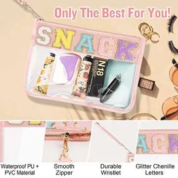 Chenille Letter Clear Snack Bags Purse Pouch, Monogram PVC & PU Clear Zipper Pouch with Wristlet, Waterproof Portable Glitter Snacks Makeup Beach Pouch Toiletry Bag for Women Girls (SNACKS-Pink)