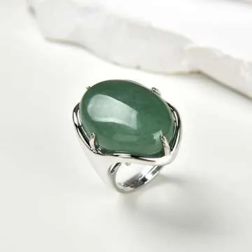 Natural Stone Rose Quartz Agate Amethyst Turquoise Adjustable Finger Rings Semi Precious Oval Shaped Gemstone Anniversary (Green Aventurine)