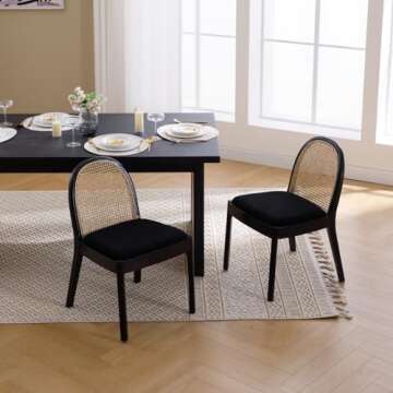 HEAH-YO Rattan Dining Chairs Set of 2, Upholstered Sherpa Dining Room Chairs with Backrests, Modern Kitchen Chairs with Wood Legs for Dining Room, Black