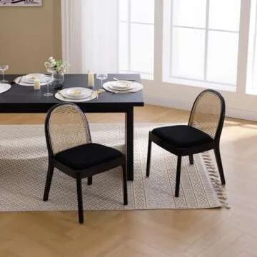 HEAH-YO Rattan Dining Chairs Set of 2, Upholstered Sherpa Dining Room Chairs with Backrests, Modern Kitchen Chairs with Wood Legs for Dining Room, Black