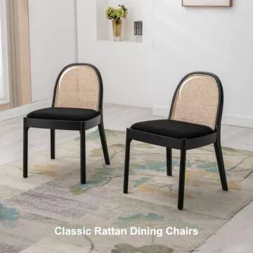 HEAH-YO Rattan Dining Chairs Set of 2, Upholstered Sherpa Dining Room Chairs with Backrests, Modern Kitchen Chairs with Wood Legs for Dining Room, Black
