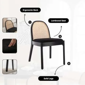 HEAH-YO Rattan Dining Chairs Set of 2, Upholstered Sherpa Dining Room Chairs with Backrests, Modern Kitchen Chairs with Wood Legs for Dining Room, Black