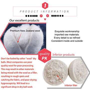 FHQSX Wool Dryer Balls Organic XL 6-Pack, Reusable Natural Fabric Softener, Reduces Wrinkles,Dryer Sheets Alternative
