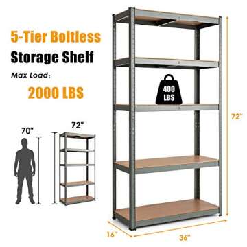 Tangkula Metal Storage Shelves, Heavy Duty Steel 5 Tier Utility Shelves with Adjustable Shelves, Bolt-Free Assembly, High Weight Capacity, Garage Organization Storage Rack, 36" Lx16''Wx72 H (2, Grey)
