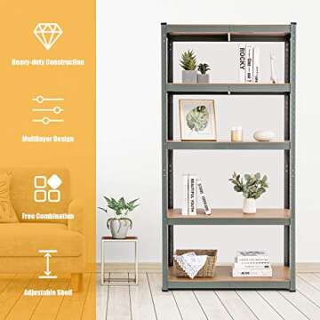 Tangkula Metal Storage Shelves, Heavy Duty Steel 5 Tier Utility Shelves with Adjustable Shelves, Bolt-Free Assembly, High Weight Capacity, Garage Organization Storage Rack, 36" Lx16''Wx72 H (2, Grey)
