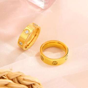 Love Friendship Gold Rings for Women:Wedding Band 18k Gold Ring Cubic Zirconia Stainless Steel Promise Ring Jewelry Birthday Gifts for Women,Size 6-10